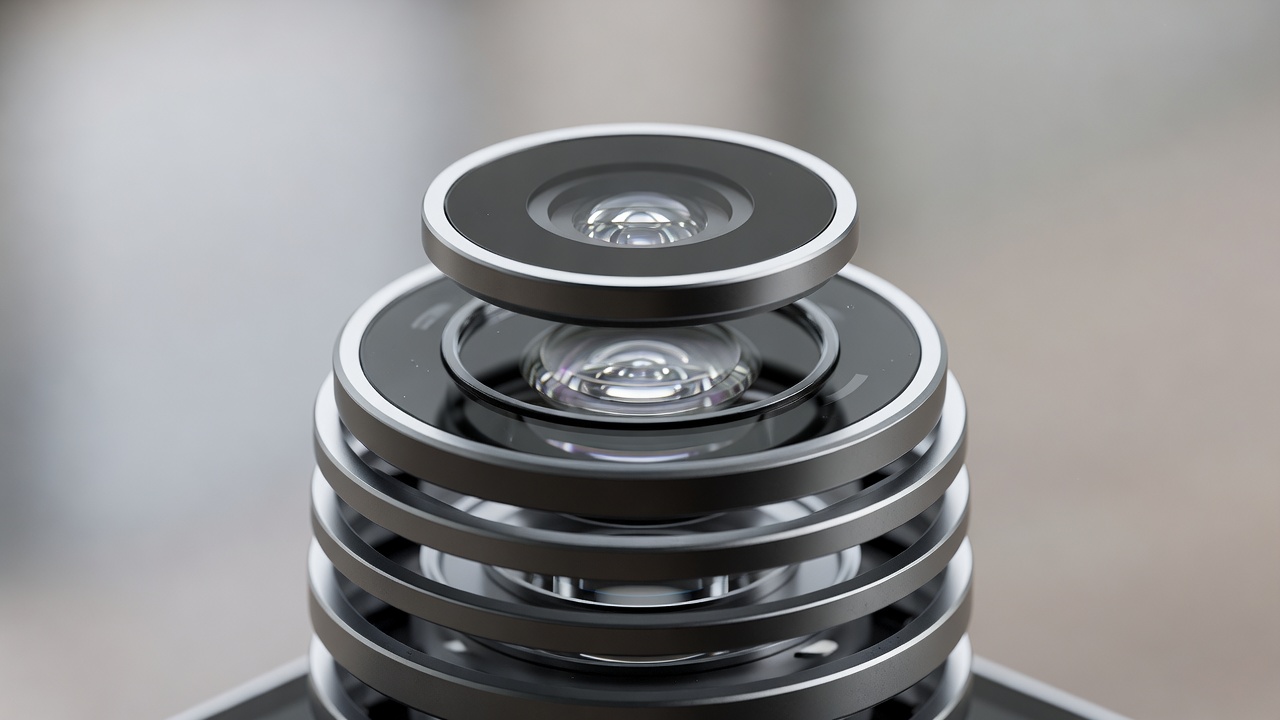 Wide macro view of a stacked phone camera lens ring with a blurred background