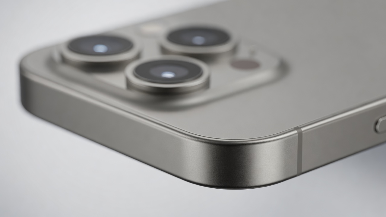Wide close-up of a titanium smartphone frame with camera lenses in soft focus