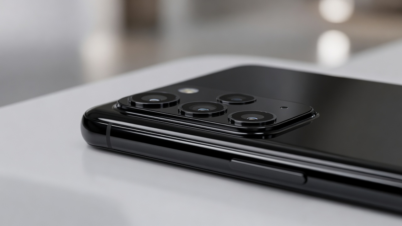 Wide shallow focus view of a mid-range phone glass edge and camera island